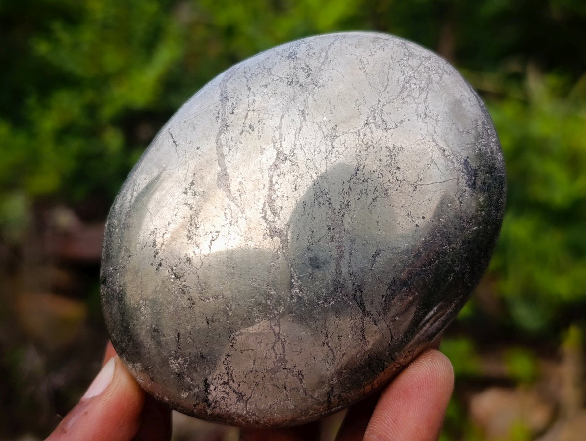 Polished Basalt and Pyrite Pharaoh Stone Palm Stone x 1 From Iron Duke Mine, Zimbabwe