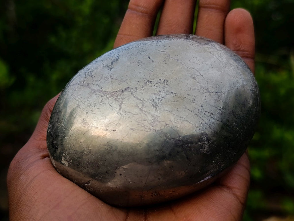 Polished Basalt and Pyrite Pharaoh Stone Palm Stone x 1 From Iron Duke Mine, Zimbabwe