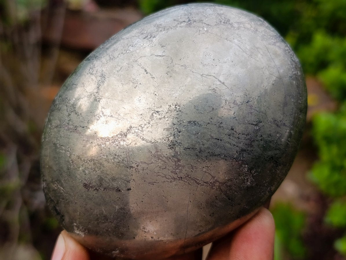Polished Basalt and Pyrite Pharaoh Stone Palm Stone x 1 From Iron Duke Mine, Zimbabwe