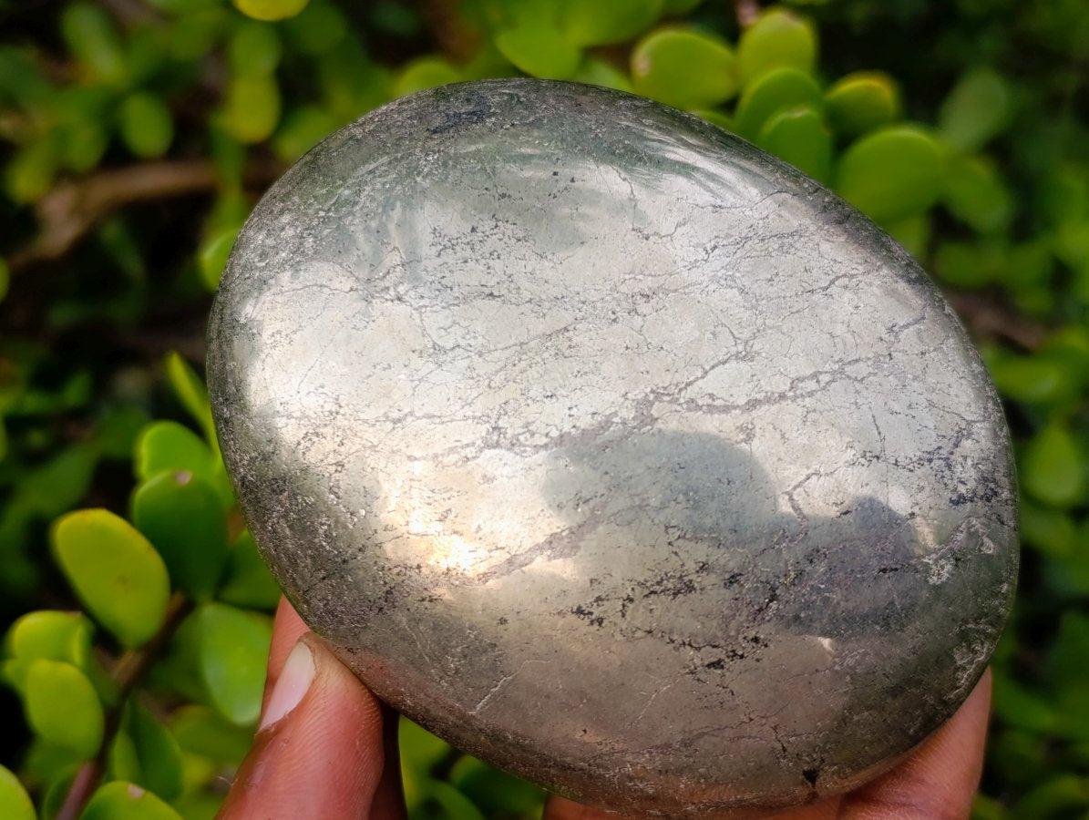 Polished Basalt and Pyrite Pharaoh Stone Palm Stone x 1 From Iron Duke Mine, Zimbabwe