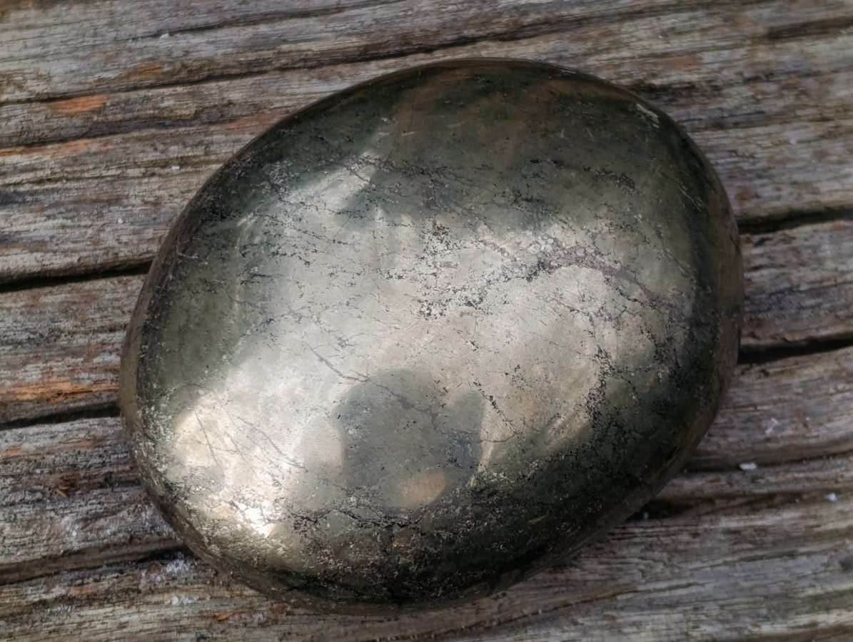 Polished Basalt and Pyrite Pharaoh Stone Palm Stone x 1 From Iron Duke Mine, Zimbabwe