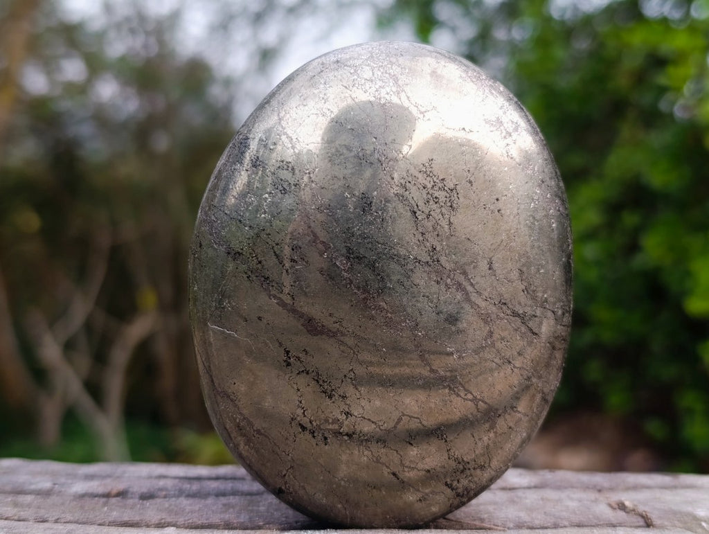 Polished Basalt and Pyrite Pharaoh Stone Palm Stone x 1 From Iron Duke Mine, Zimbabwe