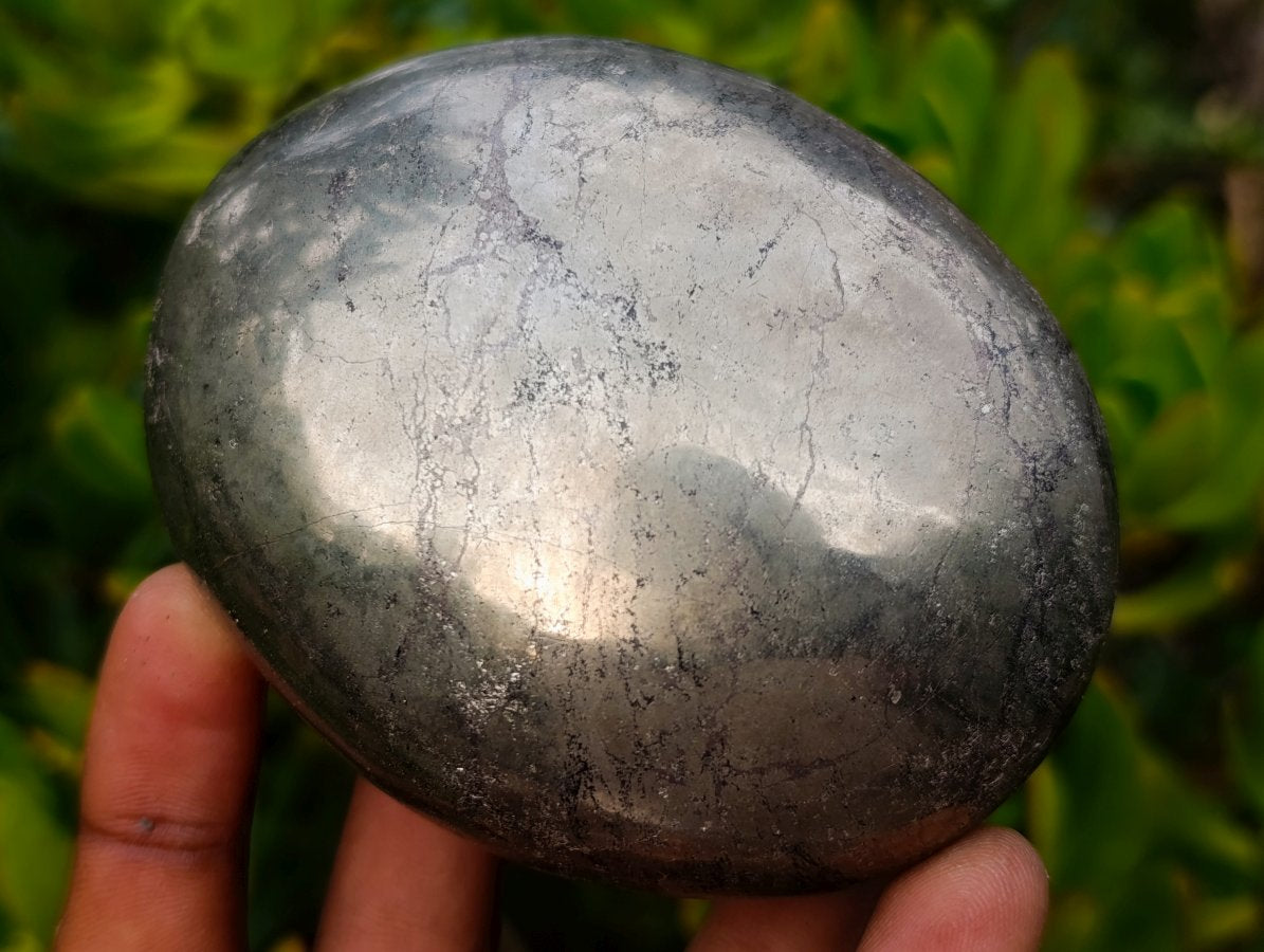 Polished Basalt and Pyrite Pharaoh Stone Palm Stone x 1 From Iron Duke Mine, Zimbabwe