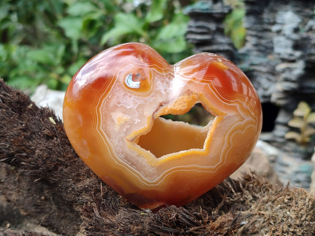 Polished Large Hollow Crystal Centred Carnelian Gemstone Heart x 1 From Lemur Island, Nosy Varika, Madagascar