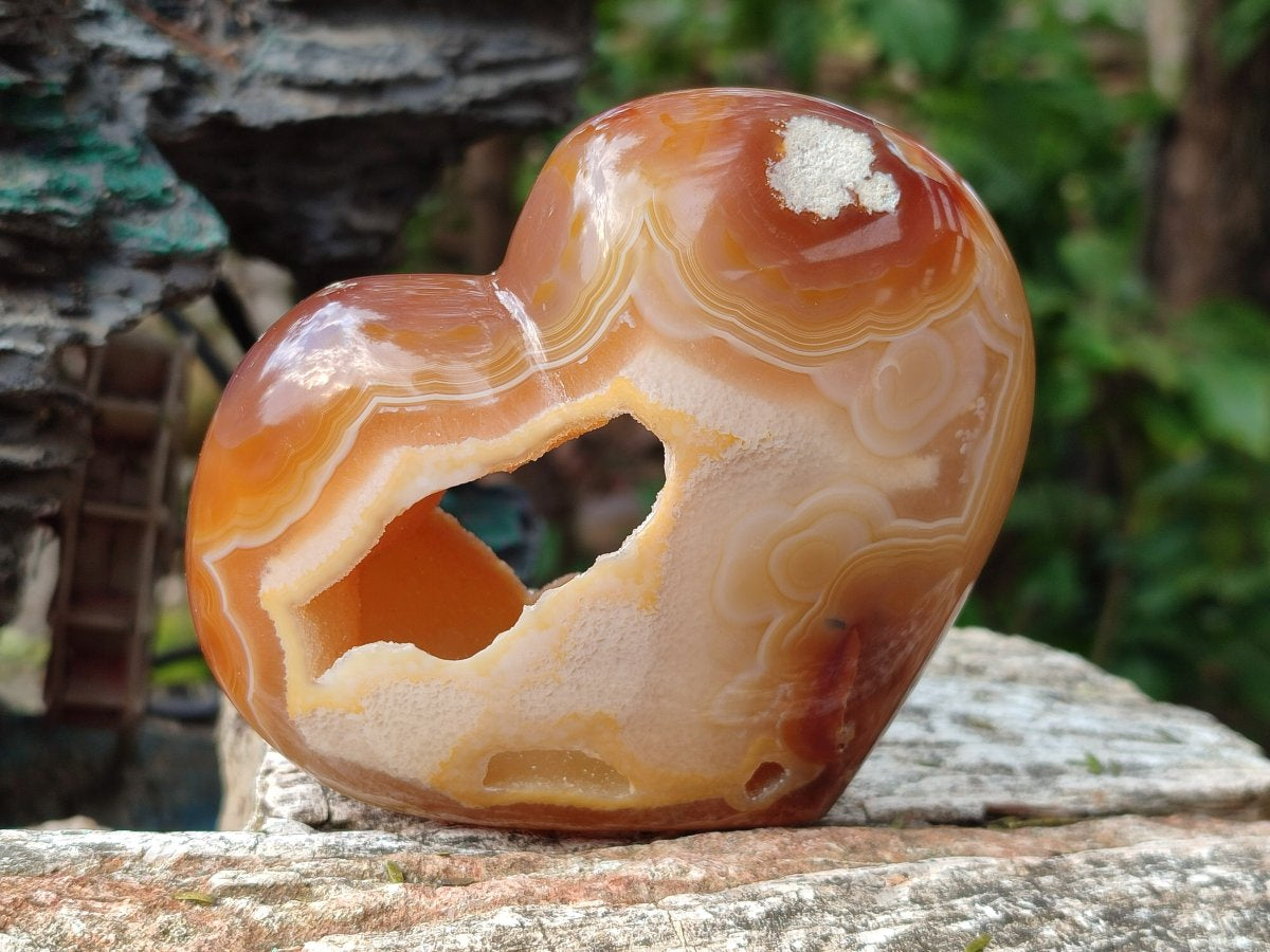Polished Large Hollow Crystal Centred Carnelian Gemstone Heart x 1 From Lemur Island, Nosy Varika, Madagascar