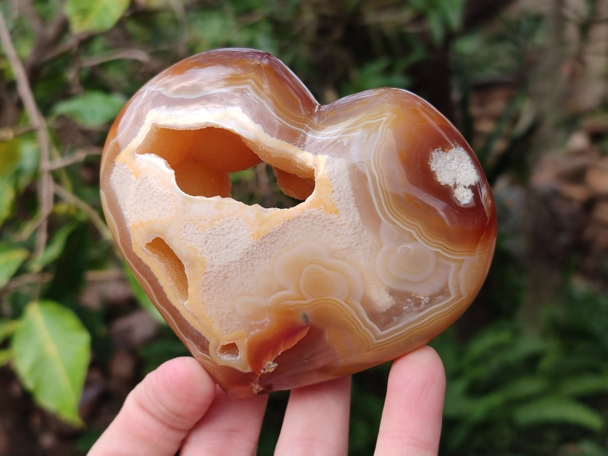 Polished Large Hollow Crystal Centred Carnelian Gemstone Heart x 1 From Lemur Island, Nosy Varika, Madagascar