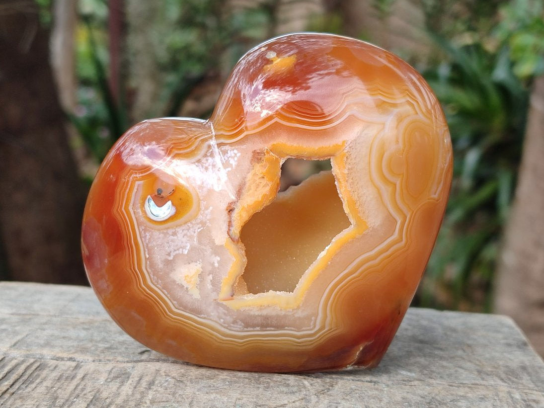Polished Large Hollow Crystal Centred Carnelian Gemstone Heart x 1 From Lemur Island, Nosy Varika, Madagascar