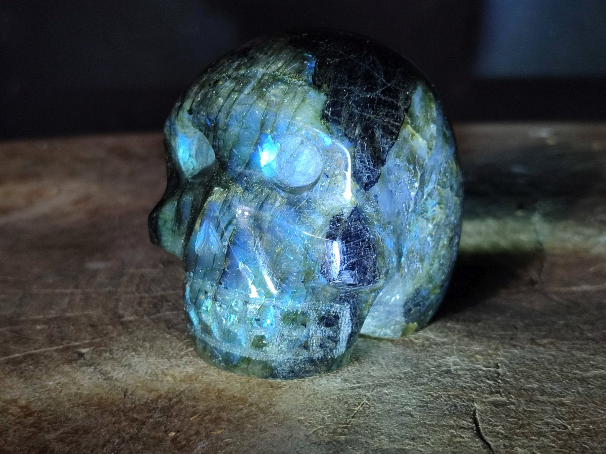 Hand Made Blue Flash Labradorite Skull Sculpture x 1 From Tulear, Madagascar