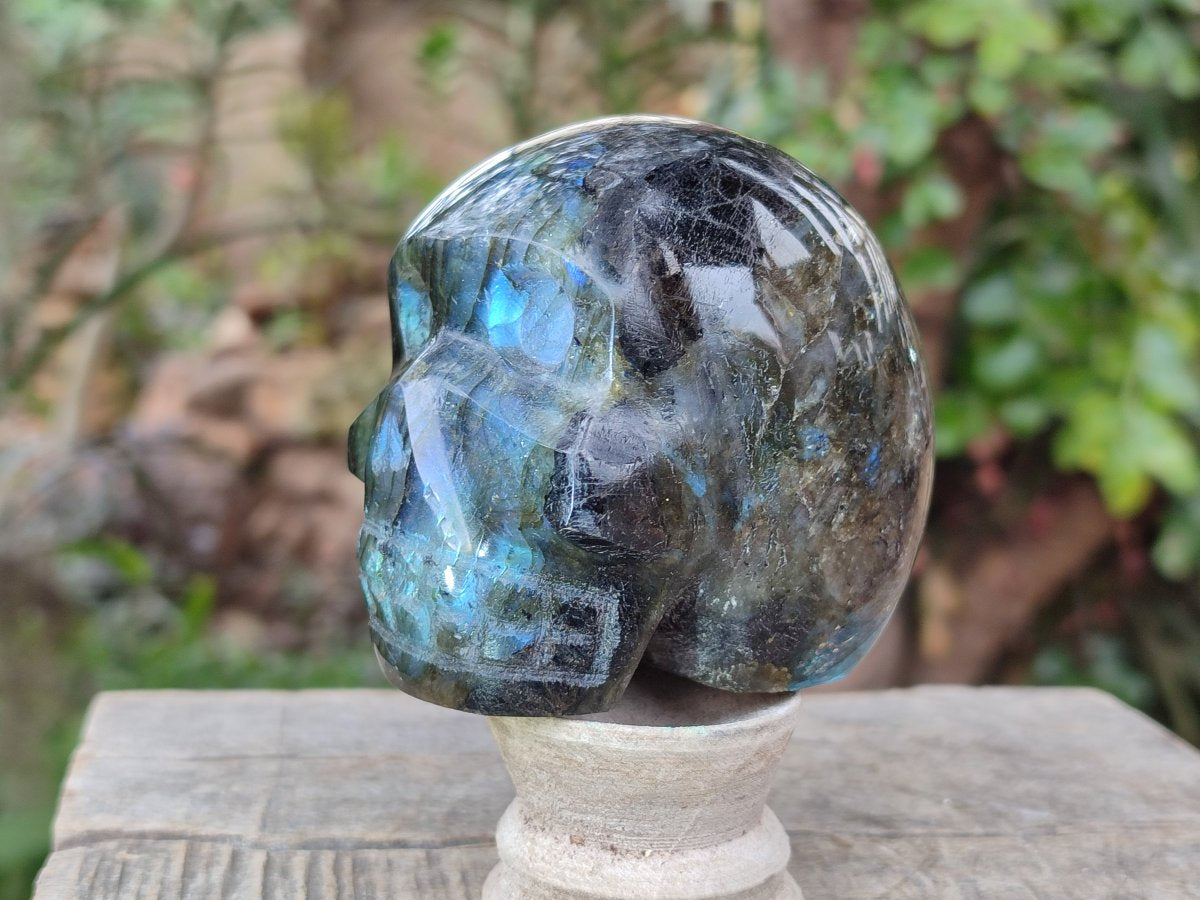 Hand Made Blue Flash Labradorite Skull Sculpture x 1 From Tulear, Madagascar