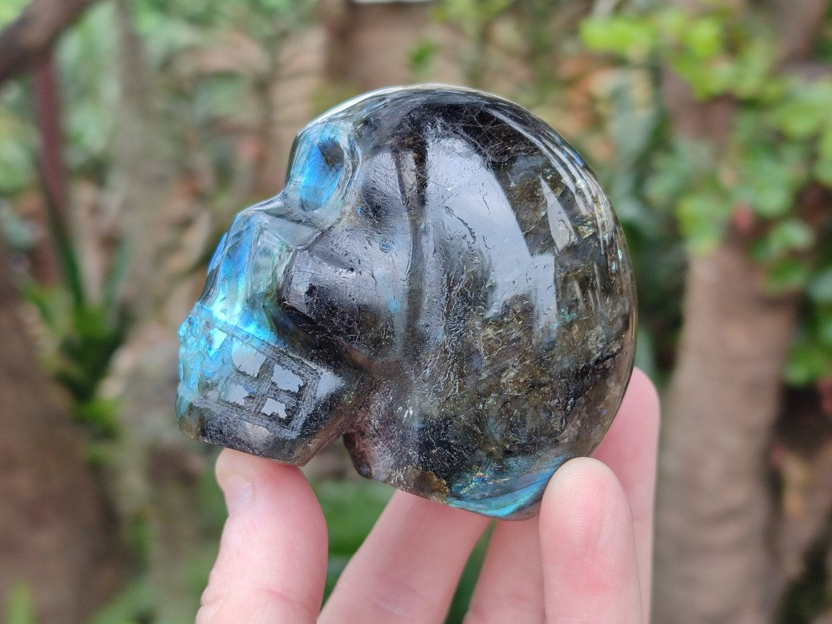 Hand Made Blue Flash Labradorite Skull Sculpture x 1 From Tulear, Madagascar