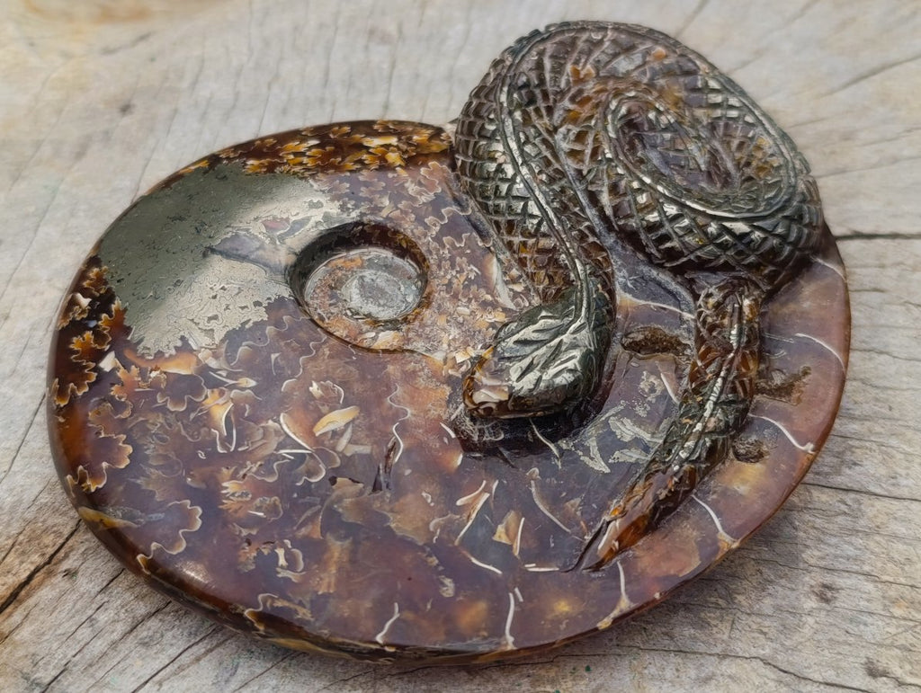 Hand Made Amber Cleoniceras Ammonite Fossil Serpent Carving with Golden Pyrite x 1 From Tulear, Madagascar