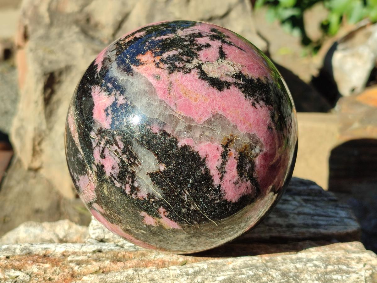 Polished Large Bright Pink and Black Rhodonite Sphere x 1 From Madagascar