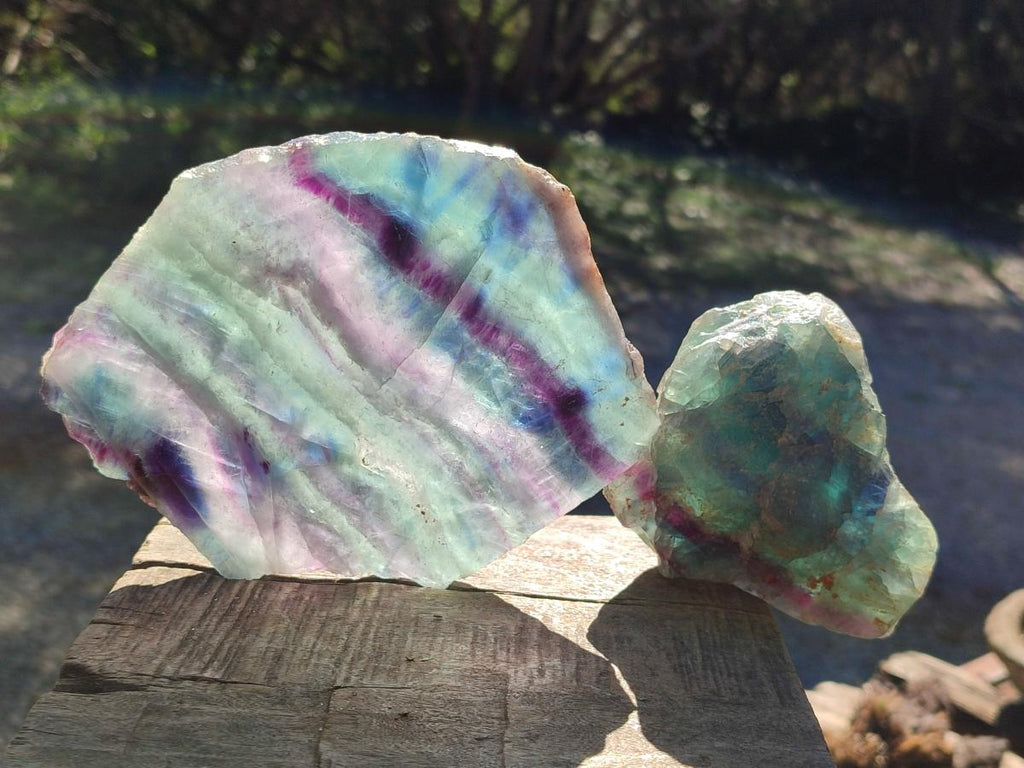 Polished Watermelon Fluorite Slice and a Natural Specimen x 2 From Uis, Namibia