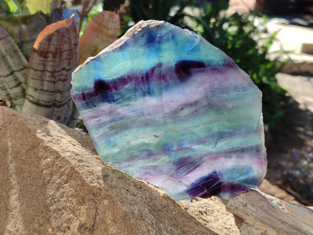 Polished Watermelon Fluorite Slice and a Natural Specimen x 2 From Uis, Namibia