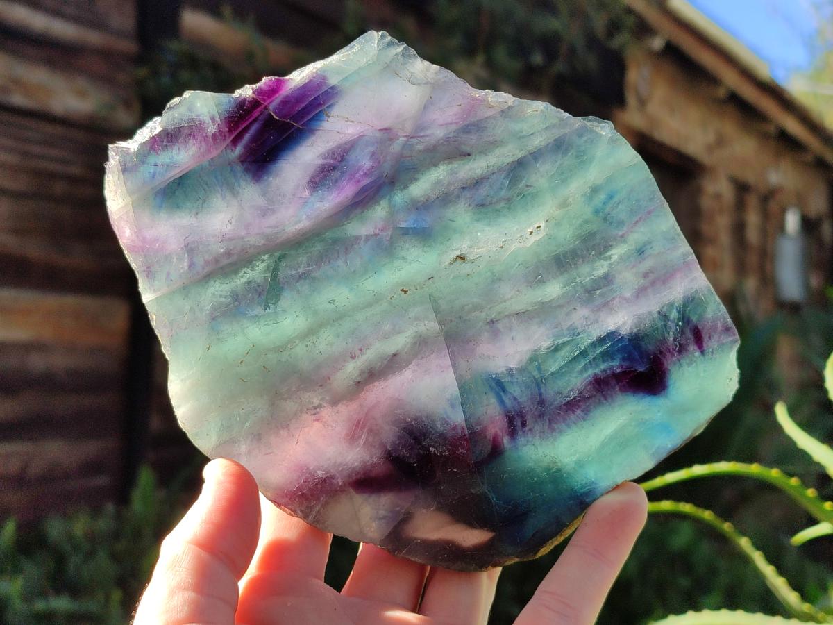 Polished Watermelon Fluorite Slice and a Natural Specimen x 2 From Uis, Namibia