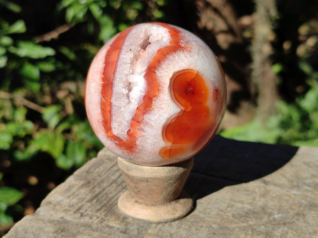 Polished Banded Carnelian Gemstone Sphere with Wooden Stand x 1 From Madagascar
