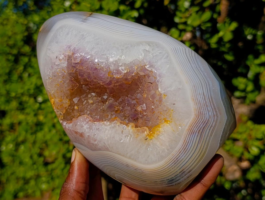 Polished Agate Geode Standing Display Piece with Crystalline Amethyst Centre x 1 From Maintirano, Madagascar