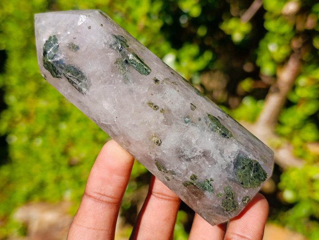 Polished Girasol Display Crystal with Epidote x 1 From Ambatondrazaka, Madagascar