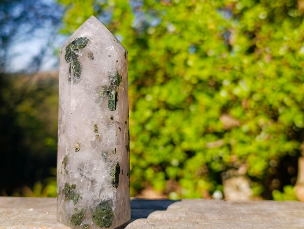 Polished Girasol Display Crystal with Epidote x 1 From Ambatondrazaka, Madagascar