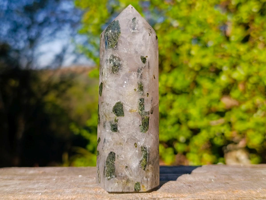 Polished Girasol Display Crystal with Epidote x 1 From Ambatondrazaka, Madagascar