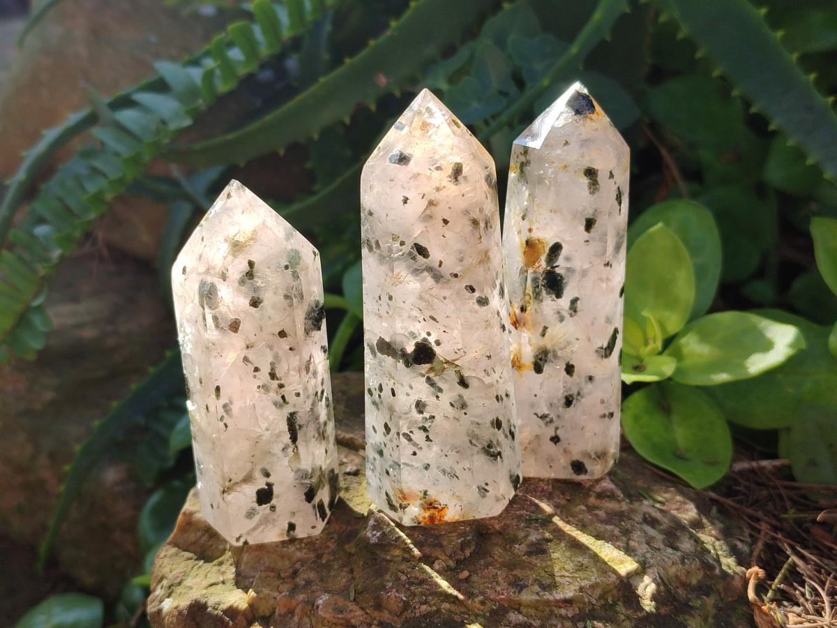Polished Set of 3 Small Girasol Crystals with Epidote x 1 From Ambatondrazaka, Madagascar