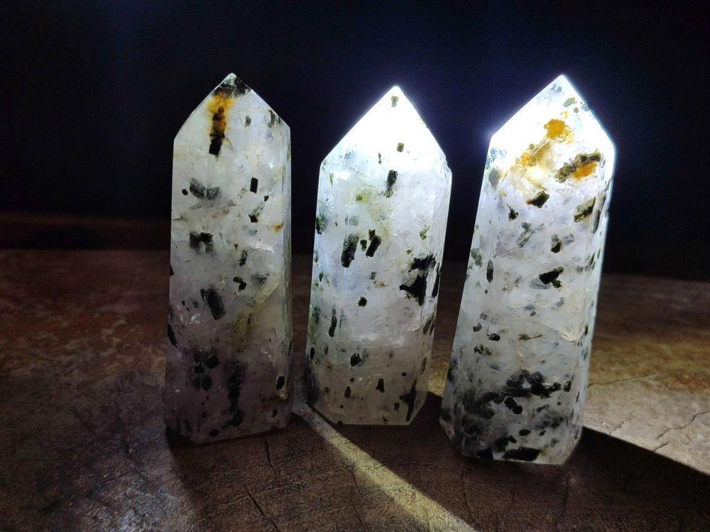 Polished Set of 3 Small Girasol Crystals with Epidote x 1 From Ambatondrazaka, Madagascar