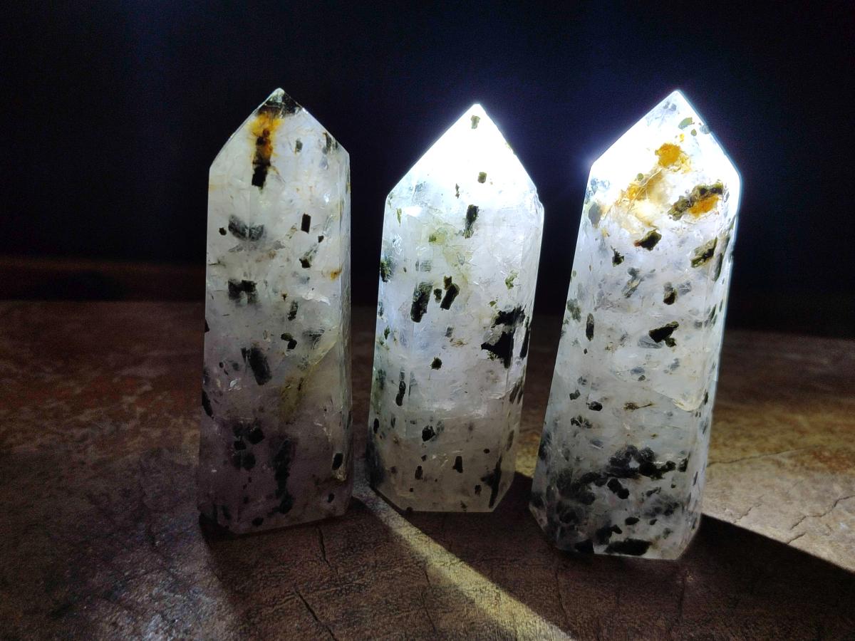 Polished Set of 3 Small Girasol Crystals with Epidote x 1 From Ambatondrazaka, Madagascar