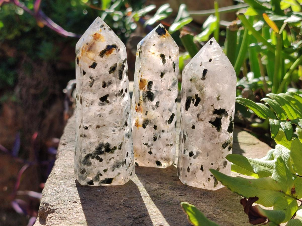 Polished Set of 3 Small Girasol Crystals with Epidote x 1 From Ambatondrazaka, Madagascar
