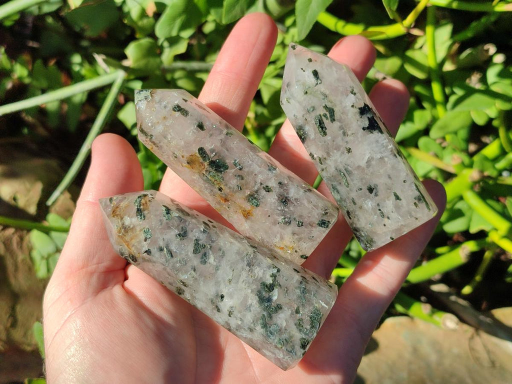 Polished Set of 3 Small Girasol Crystals with Epidote x 1 From Ambatondrazaka, Madagascar