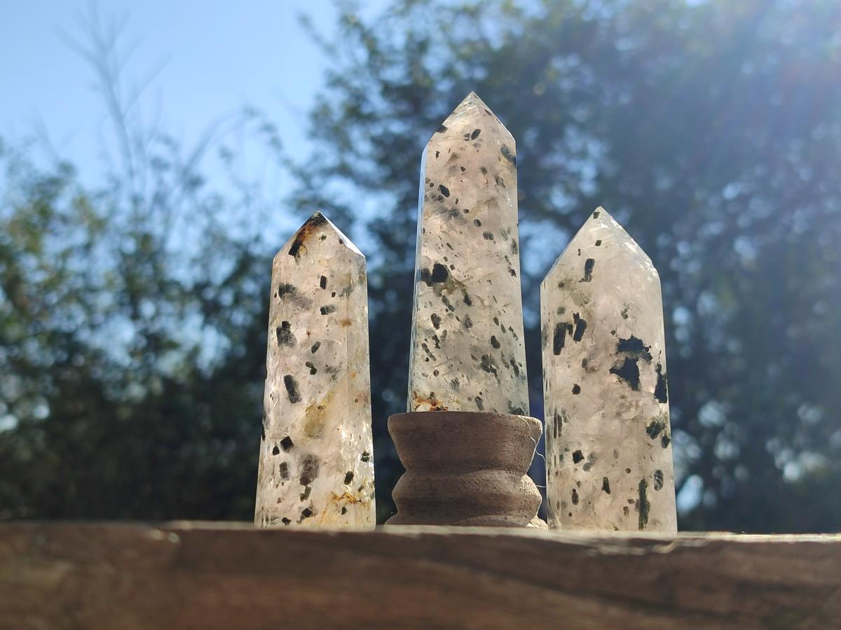 Polished Set of 3 Small Girasol Crystals with Epidote x 1 From Ambatondrazaka, Madagascar