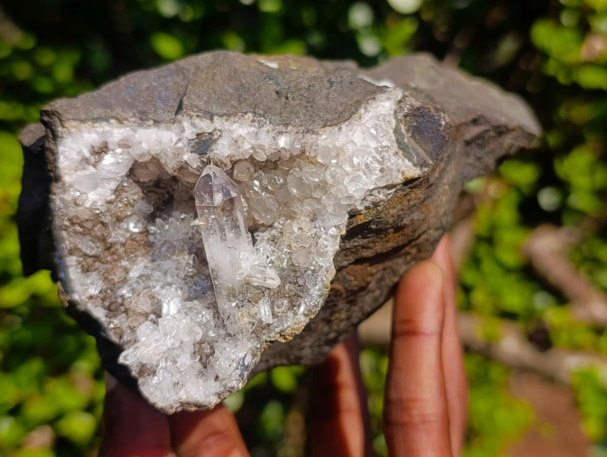 Natural Clear Brandberg Quartz Crystal Geode with Fluorescent Calcite Crystals x 1 From Brandberg, Namibia