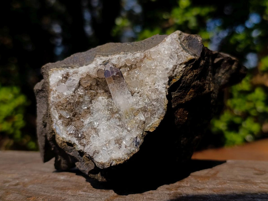 Natural Clear Brandberg Quartz Crystal Geode with Fluorescent Calcite Crystals x 1 From Brandberg, Namibia