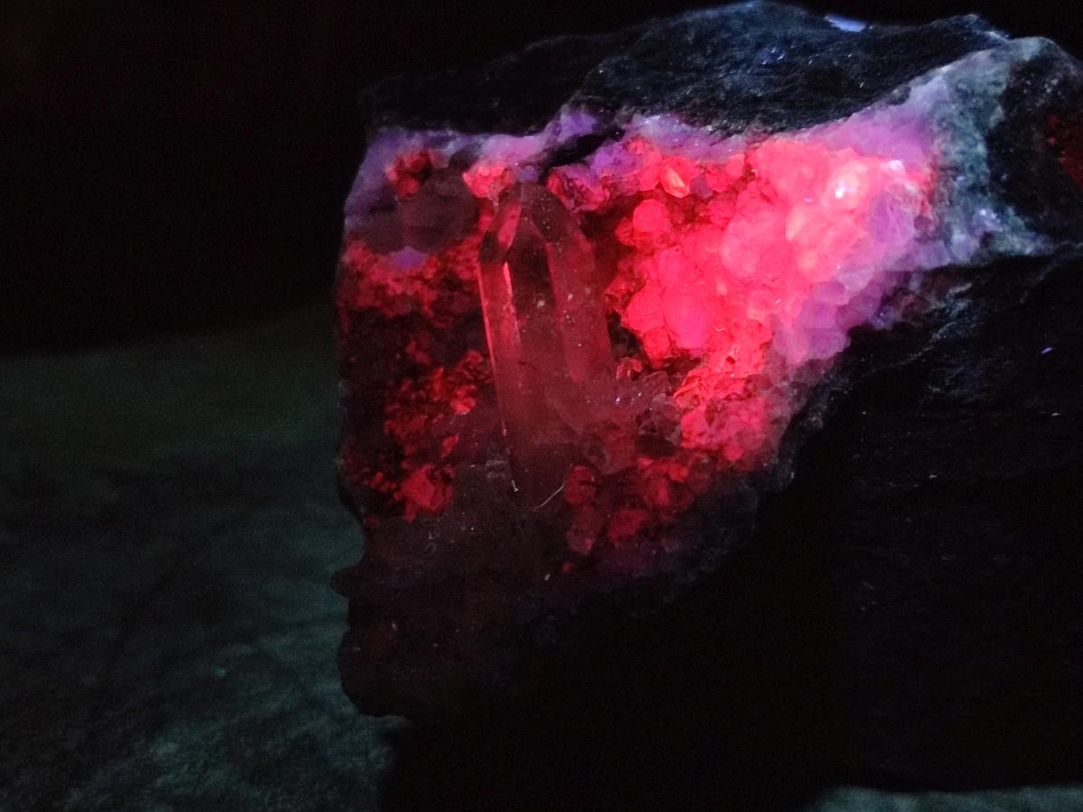 Natural Clear Brandberg Quartz Crystal Geode with Fluorescent Calcite Crystals x 1 From Brandberg, Namibia
