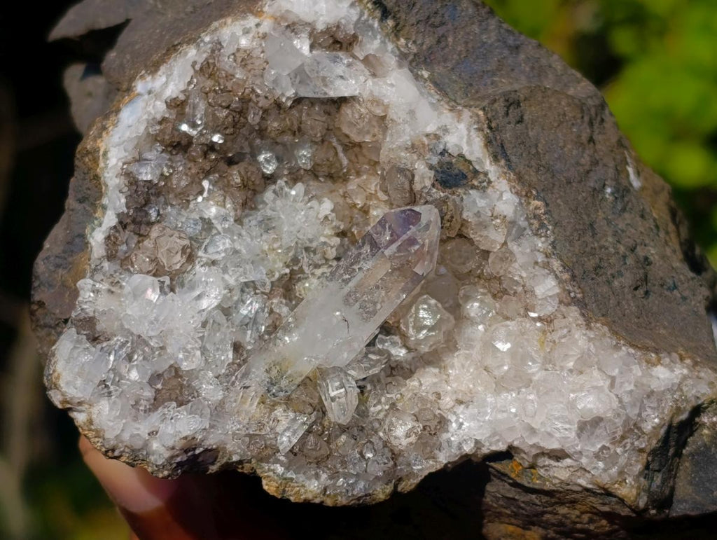 Natural Clear Brandberg Quartz Crystal Geode with Fluorescent Calcite Crystals x 1 From Brandberg, Namibia