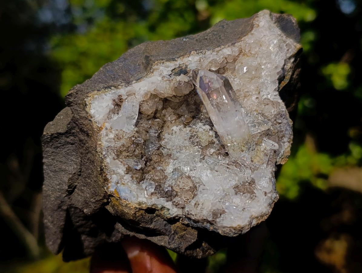 Natural Clear Brandberg Quartz Crystal Geode with Fluorescent Calcite Crystals x 1 From Brandberg, Namibia