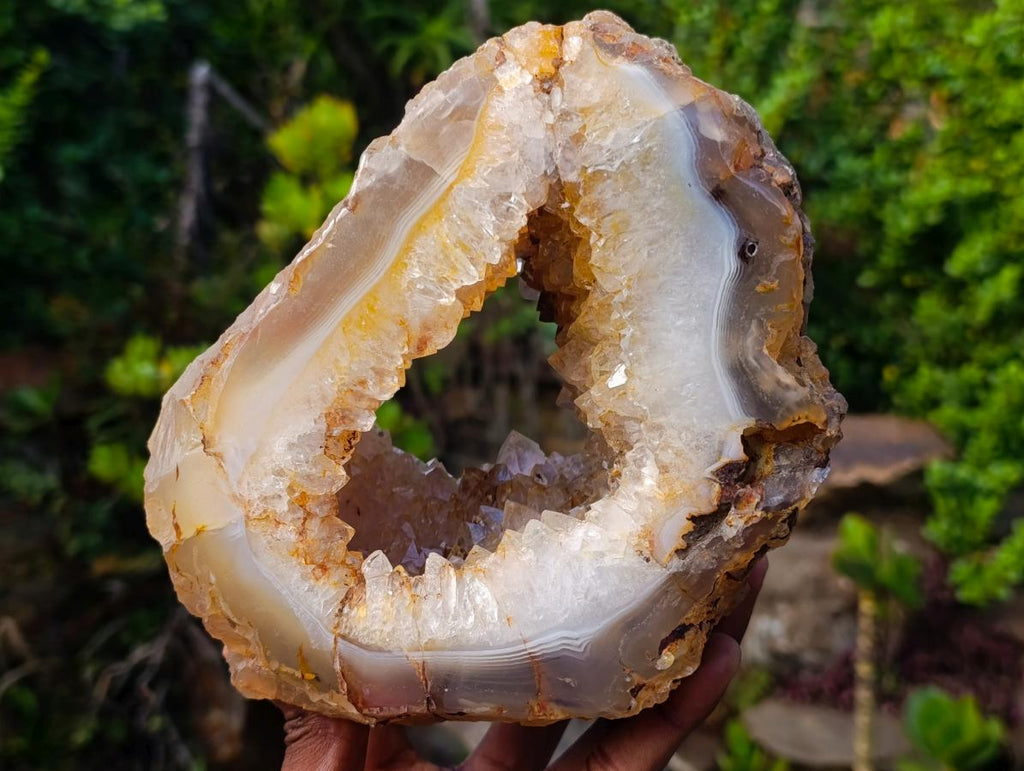 Polished Holy Agate Crystalline Geode Slice x 1 From Maintirano, Madagascar