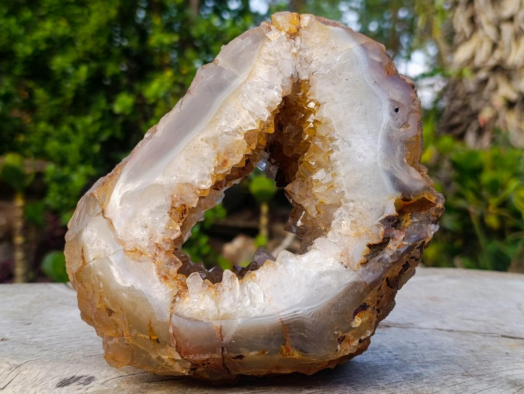 Polished Holy Agate Crystalline Geode Slice x 1 From Maintirano, Madagascar