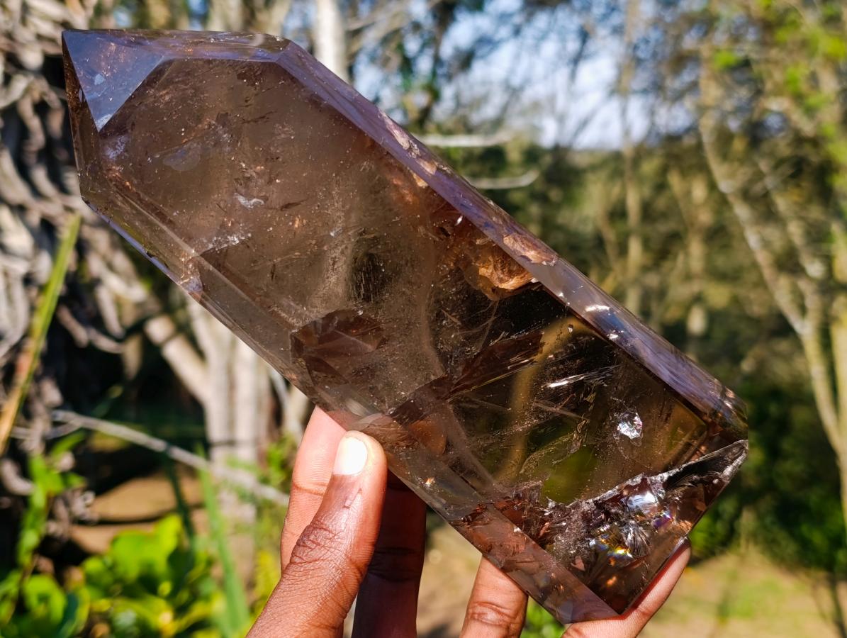 Polished Large Smokey Quartz Display Crystal with Veil Inclusions x 1 From Anjozorobe, Madagascar