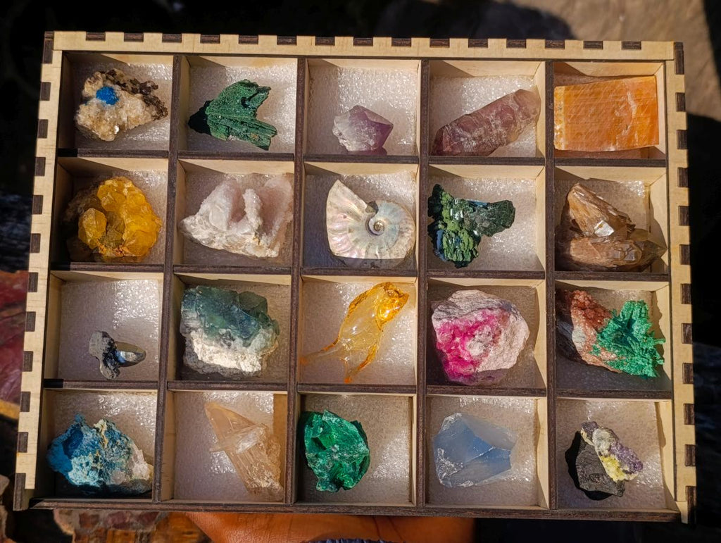 Natural Mix of African Specimens Set of 20 in a Wooden Display Box x 1 From Southern Africa
