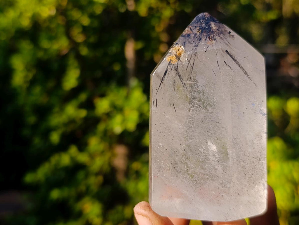 Polished Clear Quartz Crystal with Schorl Black Tourmaline Crystal Inclusions x 1 From Madagascar