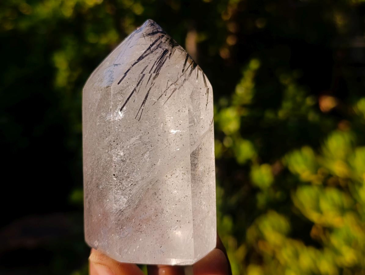 Polished Clear Quartz Crystal with Schorl Black Tourmaline Crystal Inclusions x 1 From Madagascar