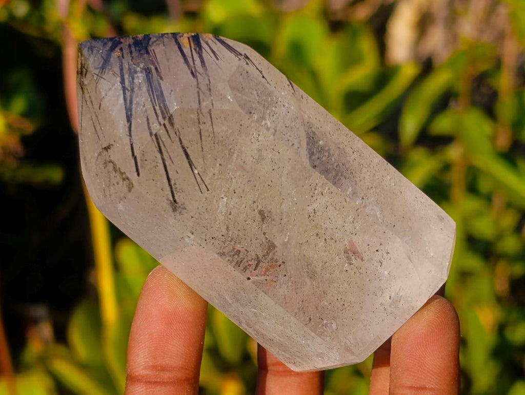 Polished Clear Quartz Crystal with Schorl Black Tourmaline Crystal Inclusions x 1 From Madagascar