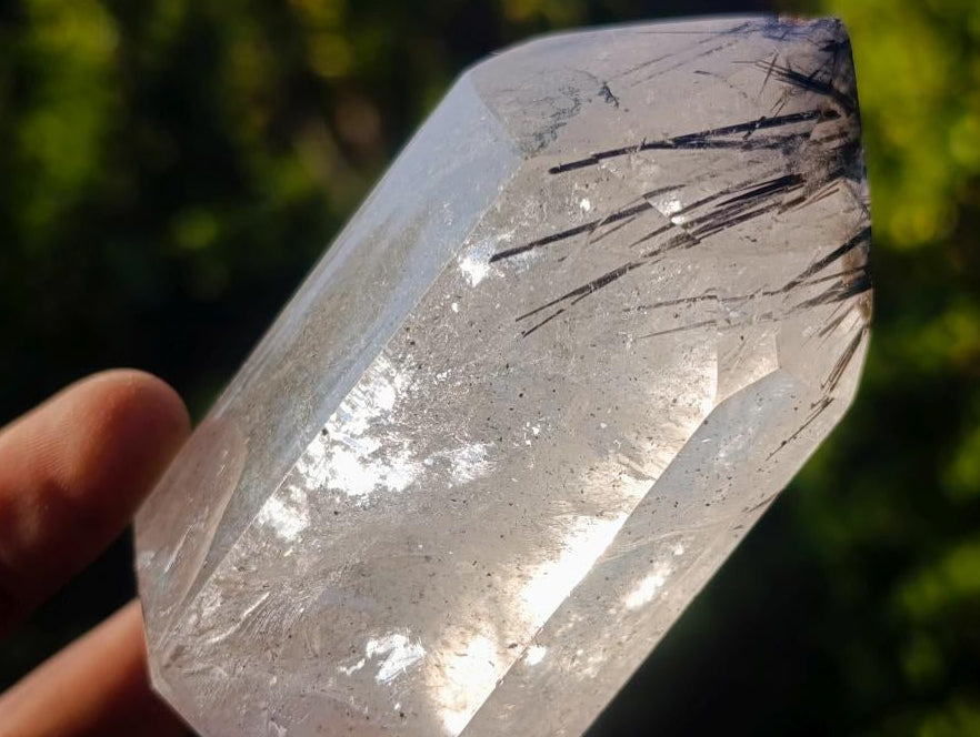 Polished Clear Quartz Crystal with Schorl Black Tourmaline Crystal Inclusions x 1 From Madagascar
