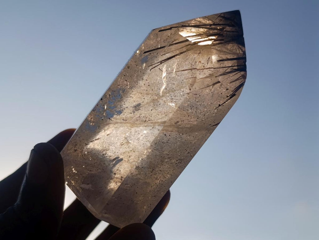 Polished Clear Quartz Crystal with Schorl Black Tourmaline Crystal Inclusions x 1 From Madagascar
