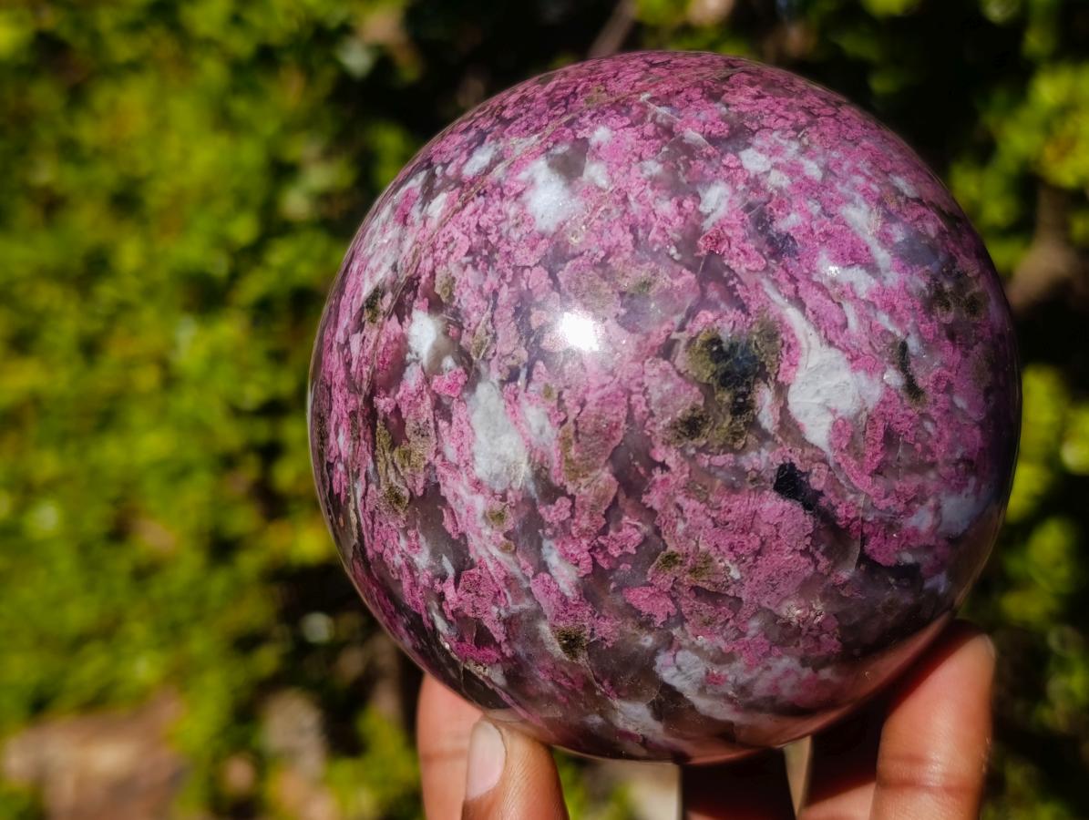 Polished Large Rubellite Pink Tourmaline Sphere in Smokey Quartz and Feldspar Schist x 1 From Madagascar