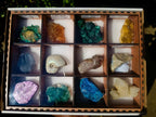 Natural and Polished Mix of African Gemstones and Specimens in a Wooden Display Set of 12 x 1 From Southern Africa