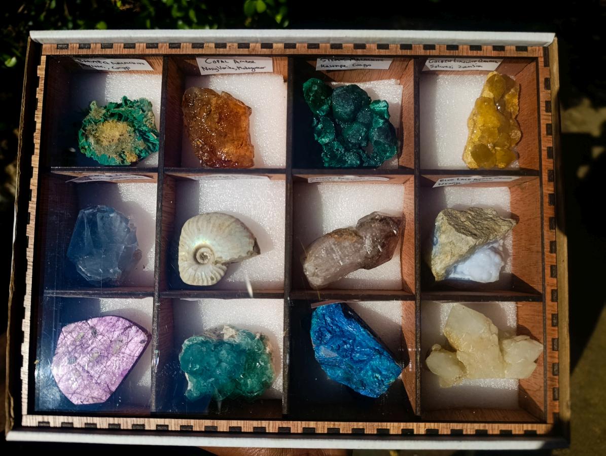 Natural and Polished Mix of African Gemstones and Specimens in a Wooden Display Set of 12 x 1 From Southern Africa