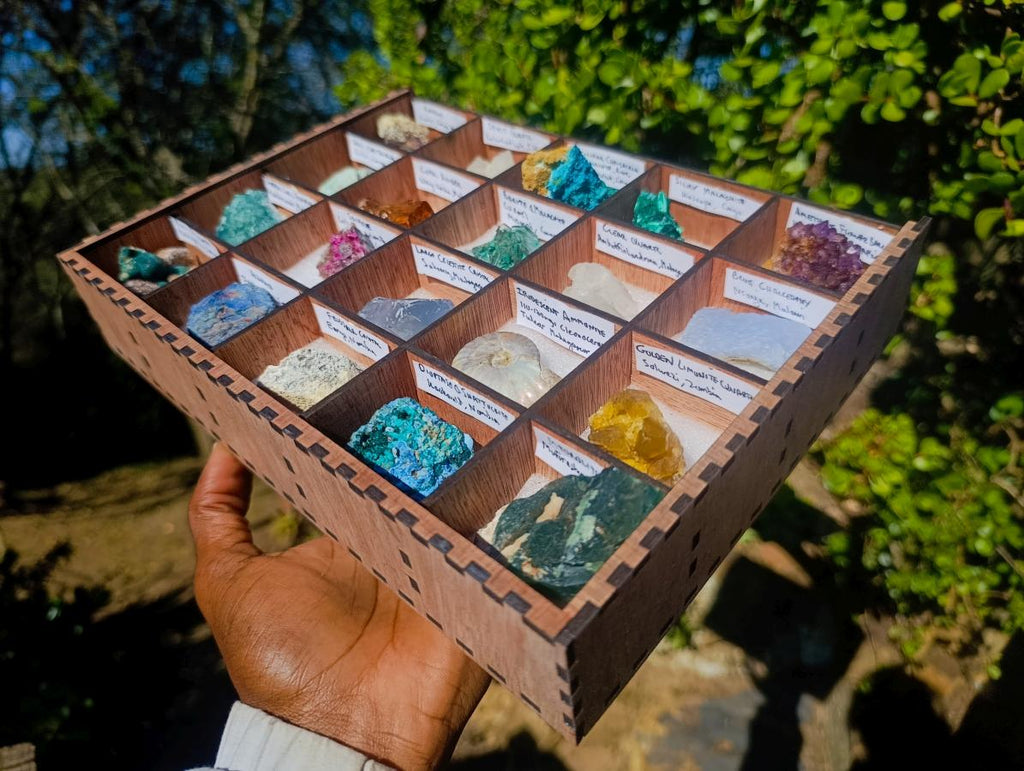 Natural Mix Set of 12 African Specimens in a Wooden Display Box x 1 From Southern Africa