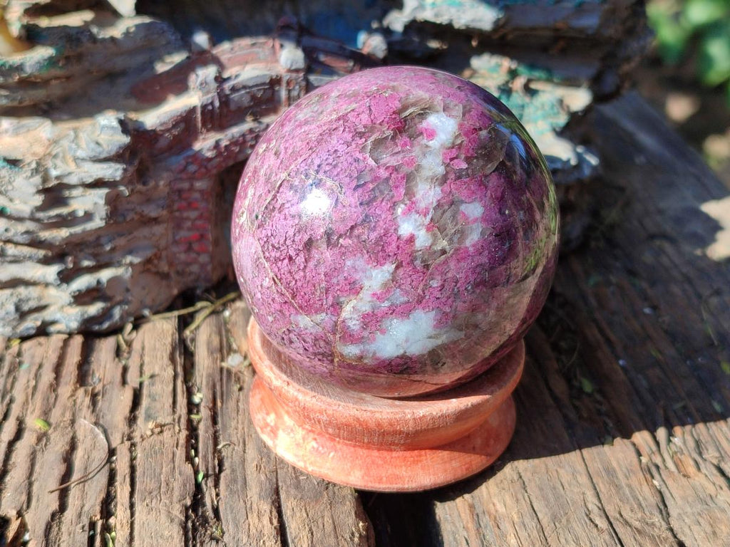 Polished Pink Rubellite Tourmaline in Matrix Sphere with Wooden Stand x 1 From Madagascar