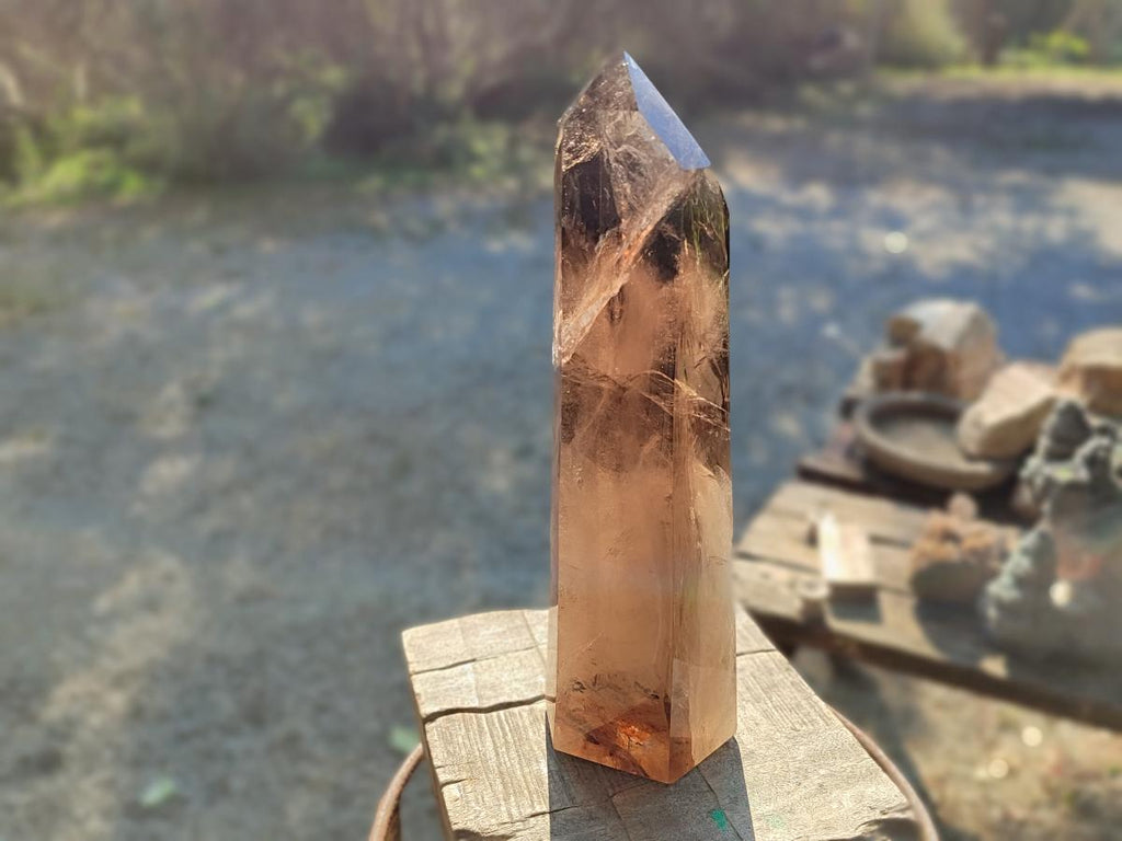 Polished XL Tall Smokey Quartz Display Crystal with Enhydro x 1 From Akansobe, Madagascar